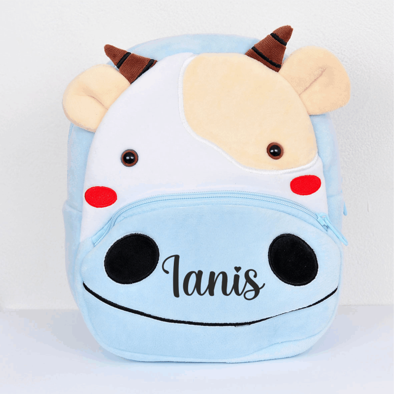 Ghiozdan de plus personalizat cu nume-Model Blue Cow