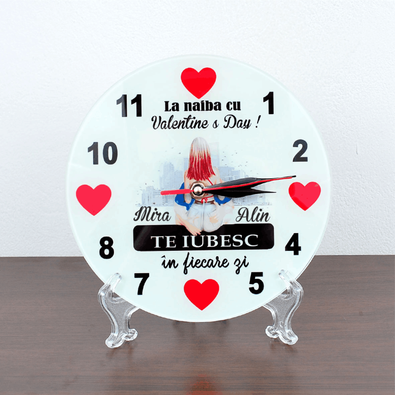Ceas personalizat din sticlă, model LOVE,diametru 20 cm
