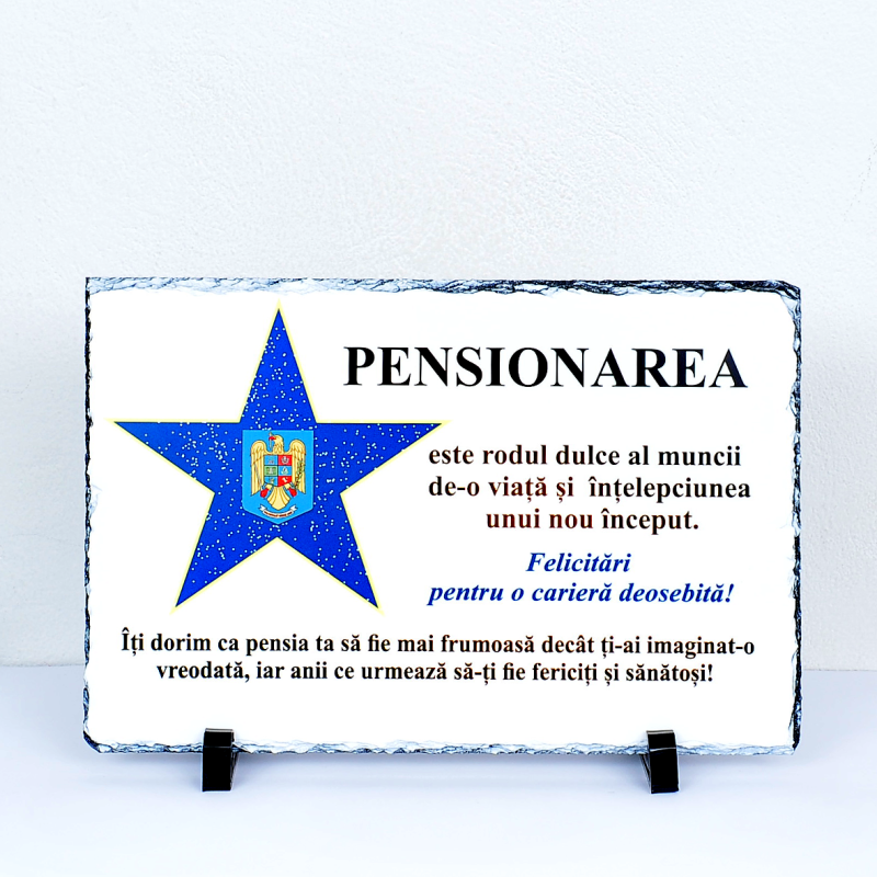 Ardezie personalizată cu mesaj de pensionare și stema României
